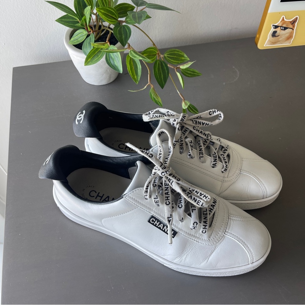 CHANEL White and Black Sneakers